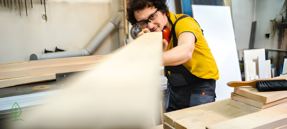 Using sandpaper to sand the surfaces of a DIY shaker style cabinet doors