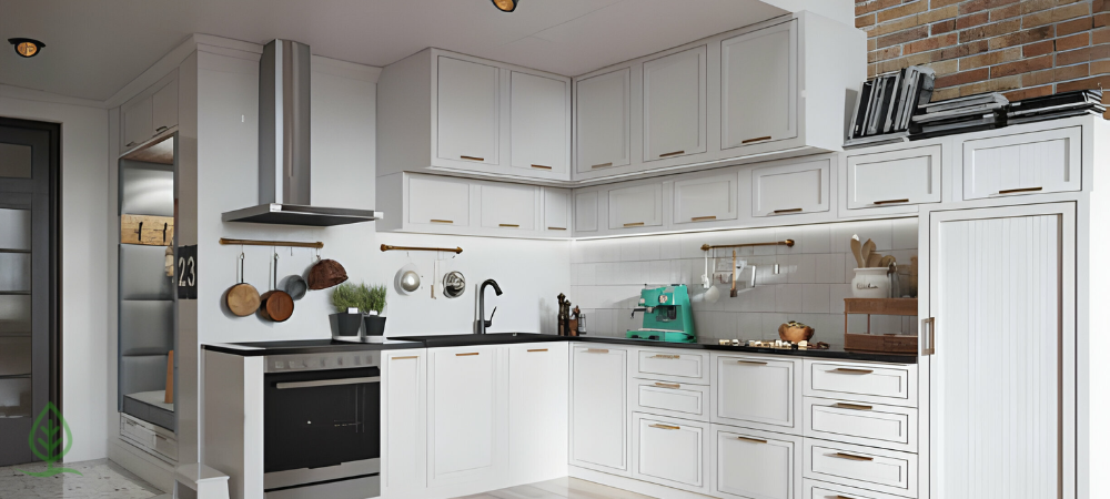 Sleek lines of modern slim Shaker cabinets in a bright kitchen