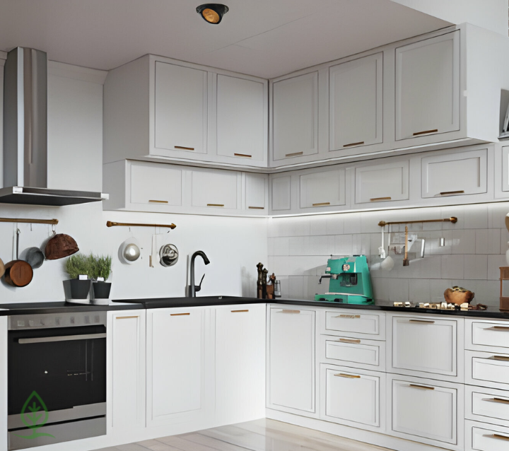 Sleek lines of modern slim Shaker cabinets in a bright kitchen