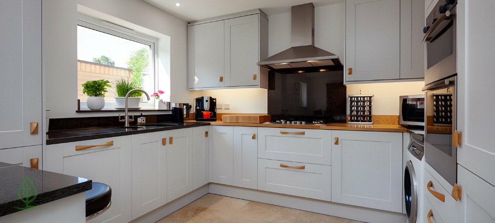 Kitchen With Warm Shade of White Color Kitchen Cabinets