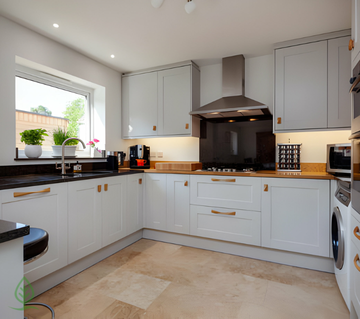 Kitchen With Warm Shade of White Color Kitchen Cabinets